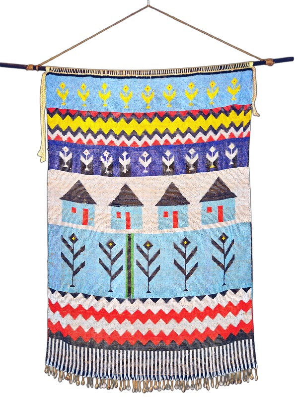 Rare Mounted Kirdi Beaded Tapestry -Blue Houses